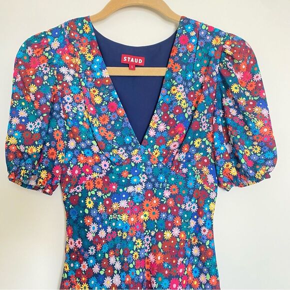Staud Milla Floral Mini Dress Short Puff Sleeve V Neck Size 0 - Picture 5 of 12